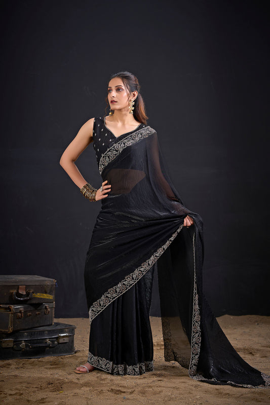 Black Silk Saree Antique Silver Zari Border Party Wear Saree