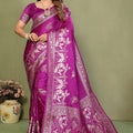 Rani Pink Banarasi Silk Saree Silver Zari Peacock Weaving Saree