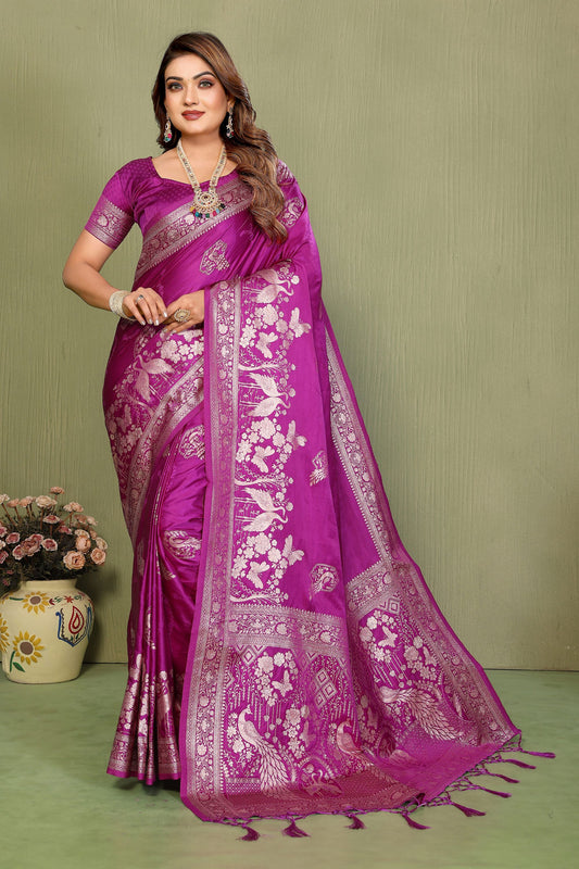 Rani Pink Banarasi Silk Saree Silver Zari Peacock Weaving Saree