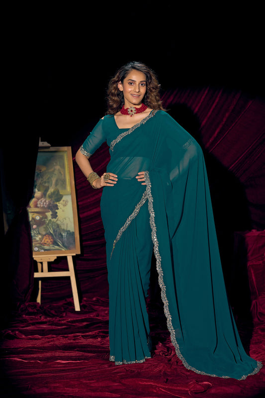 Teal Green Georgette Saree with Embroidered Border Designer Saree