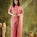 Peach Pink Organza Ready To Wear Saree Designer Sequins Lace Border
