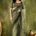 Olive Green Embroidered Designer Saree with Matching Blouse