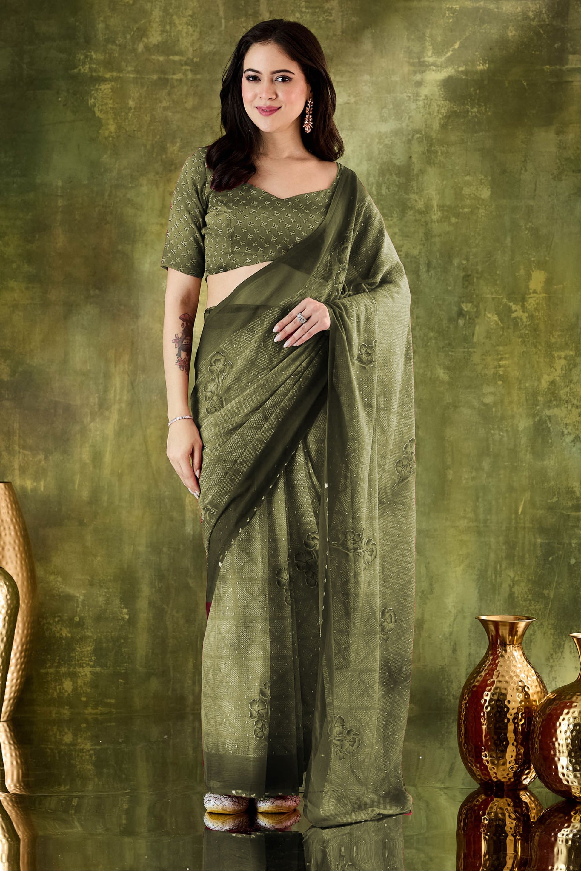 Olive Green Embroidered Designer Saree with Matching Blouse