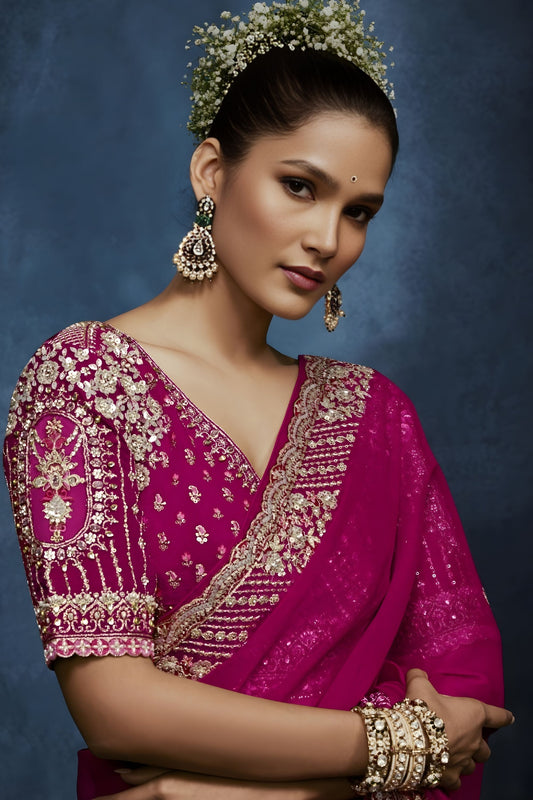 Luxury Rani Pink Embroidered Saree with Designer Blouse