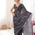 Black Floral Digital Printed Linen Saree with Designer Lace Border