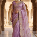 Lavender Organza Silk Saree with Heavy Embroidery Designer Border