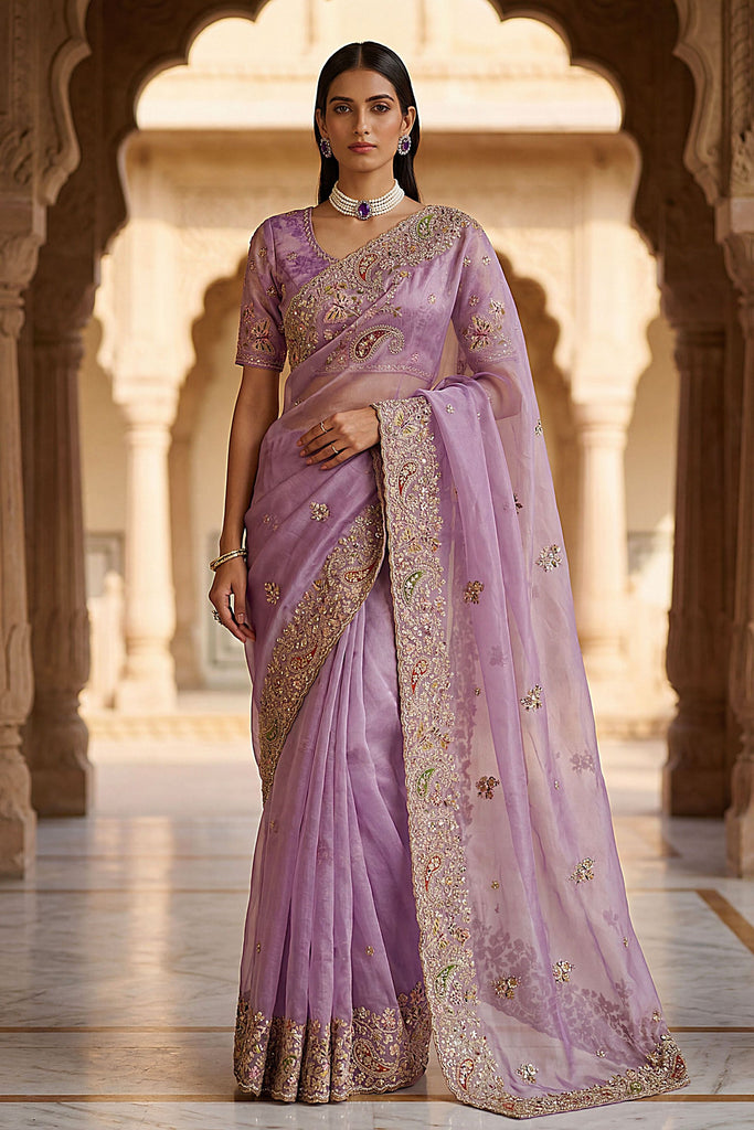 Lavender Organza Silk Saree with Heavy Embroidery Designer Border