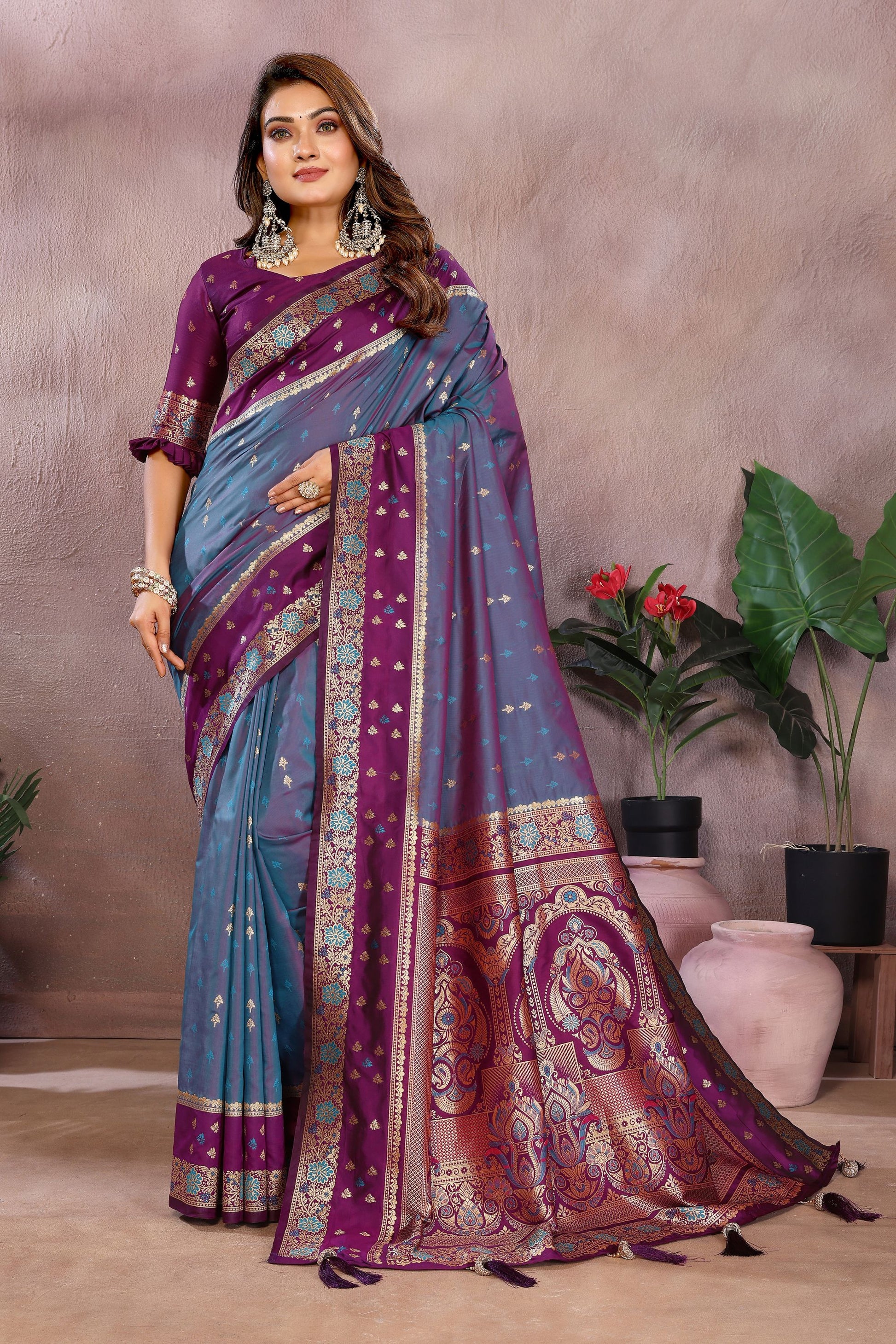  Blue Silk Saree with Wine Purple Zari Woven Border Designer Pallu