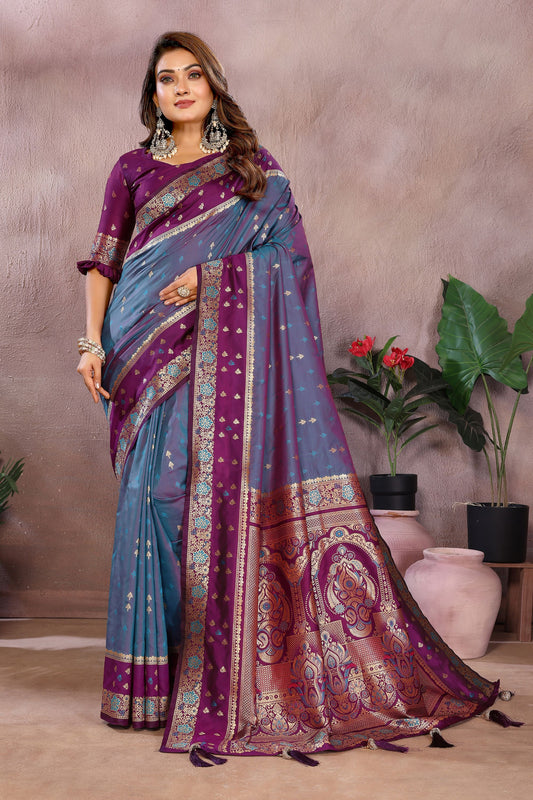  Blue Silk Saree with Wine Purple Zari Woven Border Designer Pallu