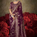 Wine Purple Banarasi Silk Saree Heavy Gold Zari Weaving Embroidered Blouse 