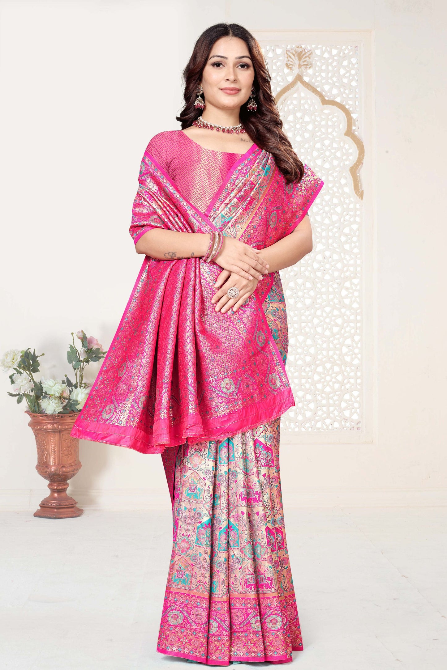 Rani Pink and Beige Banarasi Silk Saree with Rich Zari Woven Design