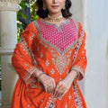 Wonderful Orange Embroidered Chinon Palazzo Suit Dupatta for Women
