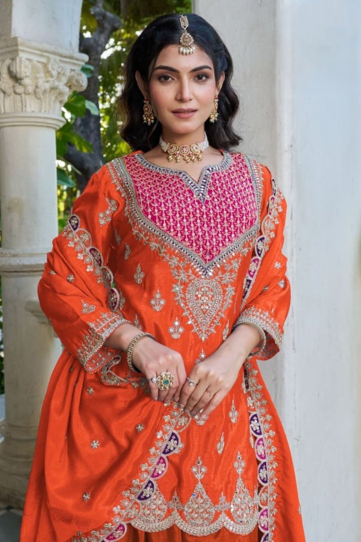 Wonderful Orange Embroidered Chinon Palazzo Suit Dupatta for Women