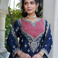 Stylish Navy Blue Embroidered Chinon Palazzo Suit Dupatta for Women