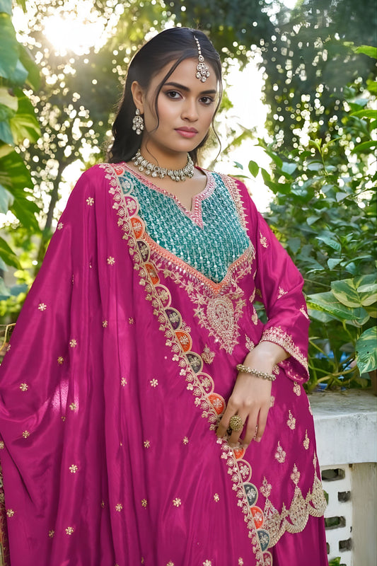 Beautiful Rani Pink Embroidered Chinon Palazzo Suit Dupatta for Women
