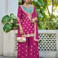 Elegant Rani Pink Embroidered Chinon Palazzo Suit Dupatta for Women