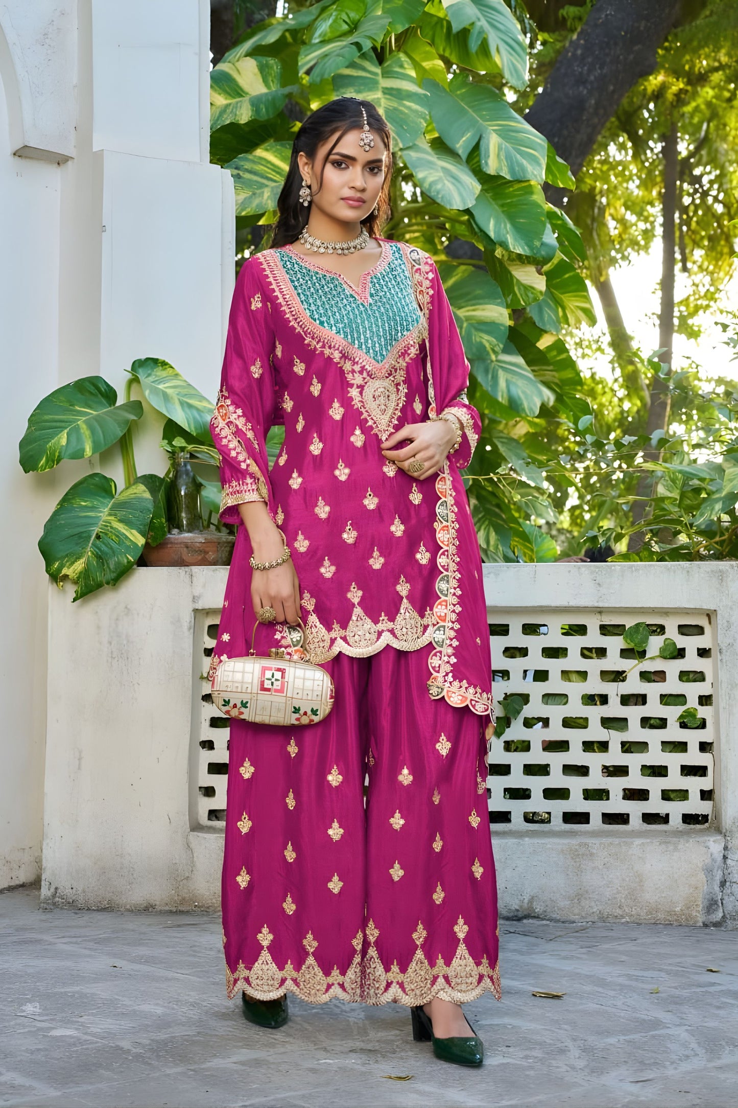 Elegant Rani Pink Embroidered Chinon Palazzo Suit Dupatta for Women