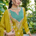 Elegant Mustard Yellow Embroidered Chinon Palazzo Suit with Dupatta for Women