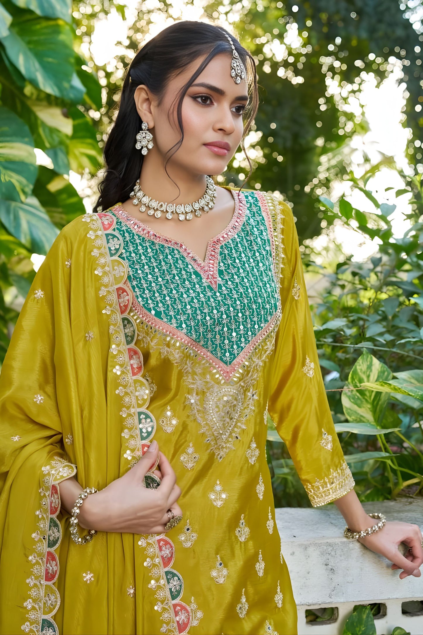 Elegant Mustard Yellow Embroidered Chinon Palazzo Suit with Dupatta for Women