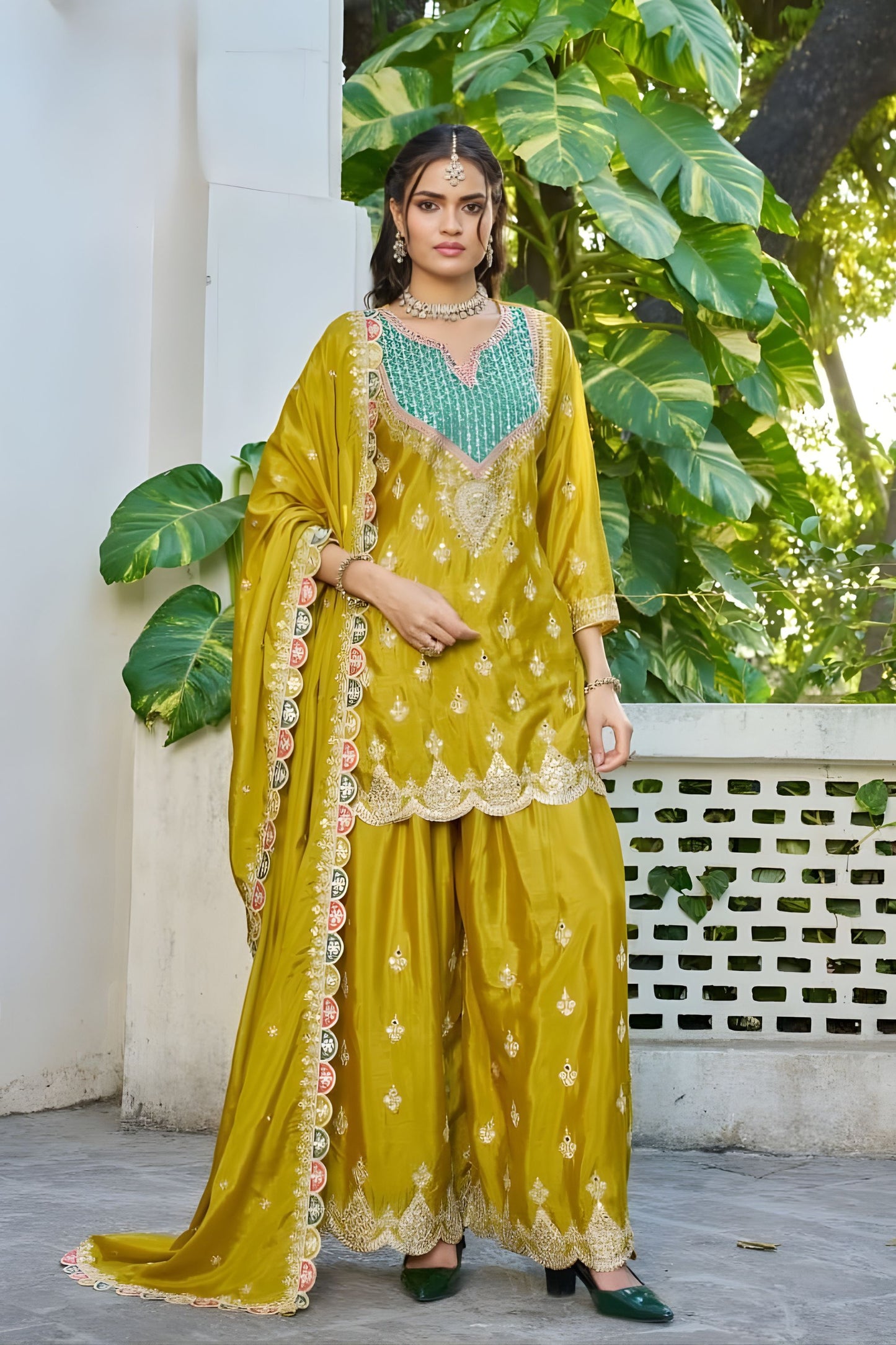 Elegant Mustard Yellow Embroidered Chinon Palazzo Suit Dupatta for Women