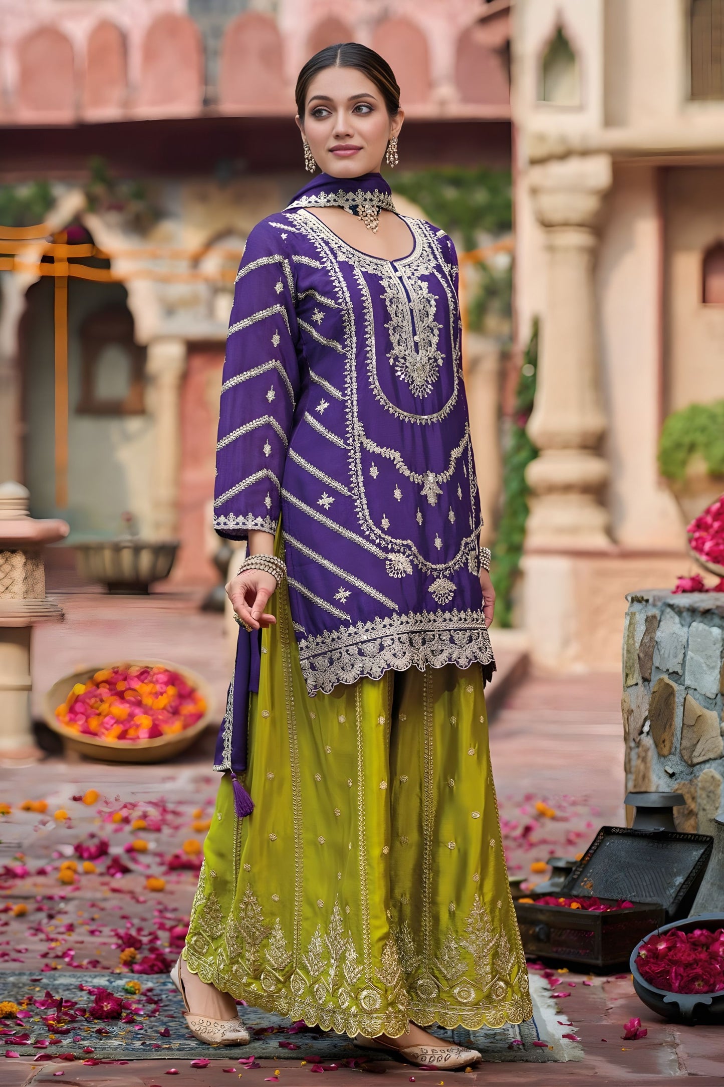 Elegant Purple Chinon Embroidered Palazzo Suit Set with Dupatta for Women