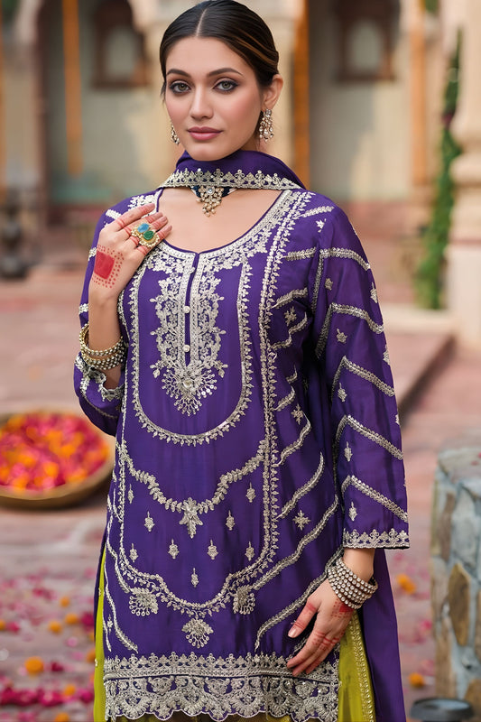 Elegant Purple Chinon Embroidered Palazzo Suit Set with Dupatta for Women