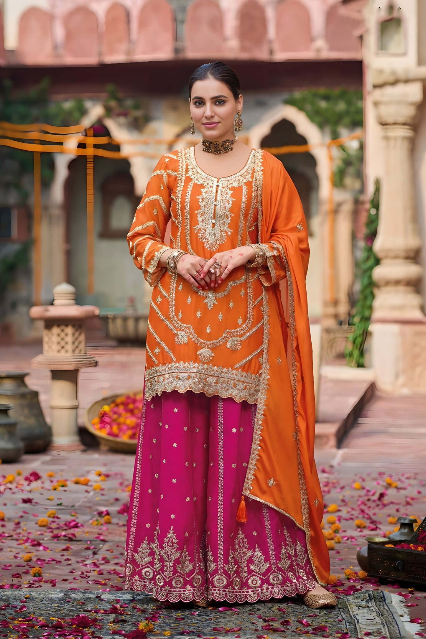 Festive Orange Chinon Embroidered Palazzo Suit Set Dupatta for Women