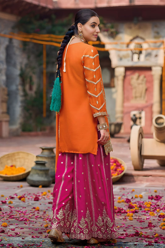 Festive Orange Chinon Embroidered Palazzo Suit Set Dupatta for Women
