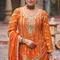 Festive Orange Chinon Embroidered Palazzo Suit Set Dupatta for Women