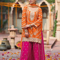 Festive Orange Chinon Embroidered Palazzo Suit Set Dupatta for Women