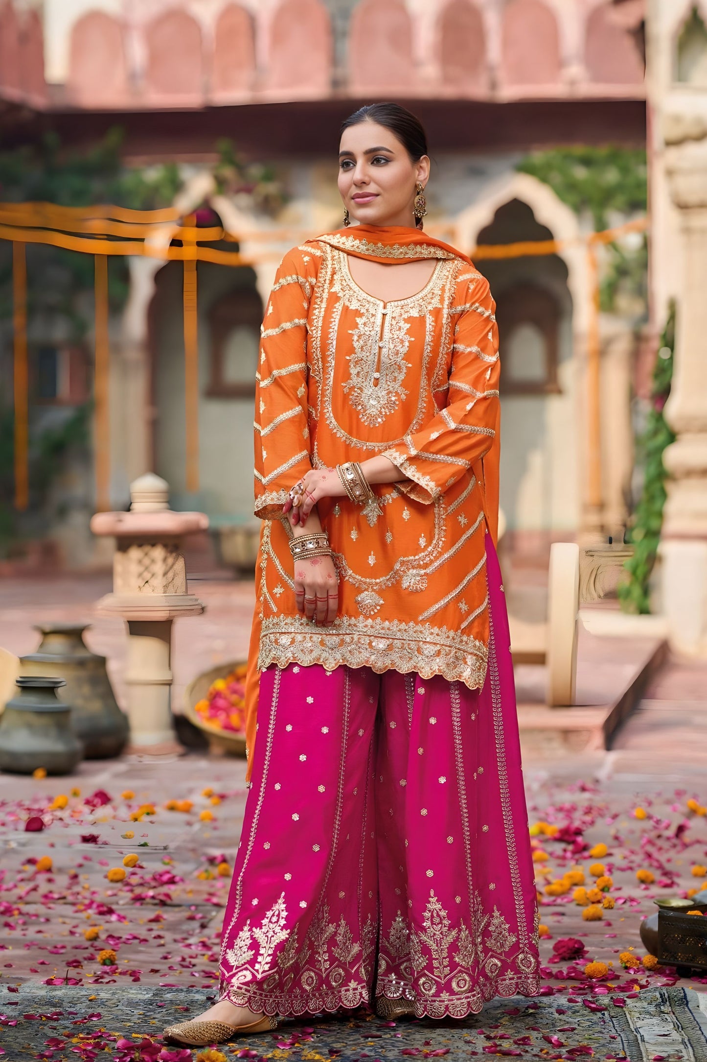 Festive Orange Chinon Embroidered Palazzo Suit Set Dupatta for Women