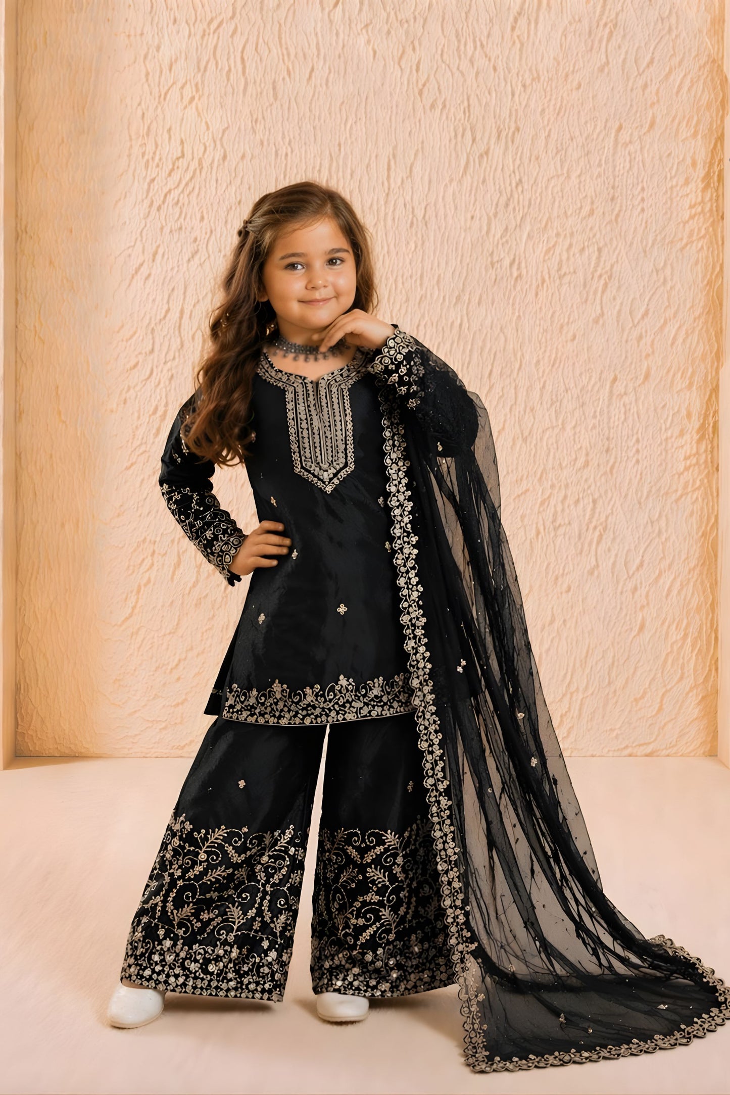 Elegant Black GMY Silk Embroidered Pakistani Style Palazzo Suit Set for Girls