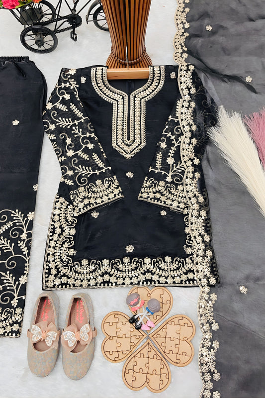 Elegant Black GMY Silk Embroidered Pakistani Style Palazzo Suit Set for Girls