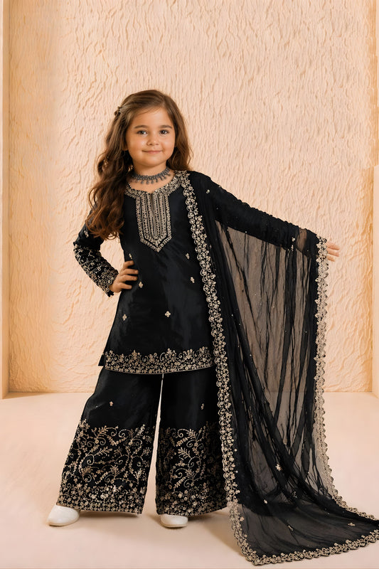 Elegant Black GMY Silk Embroidered Pakistani Style Palazzo Suit Set for Girls