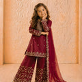 Lovely Wine GMY Silk Embroidered Pakistani Style Palazzo Suit Set for Girls
