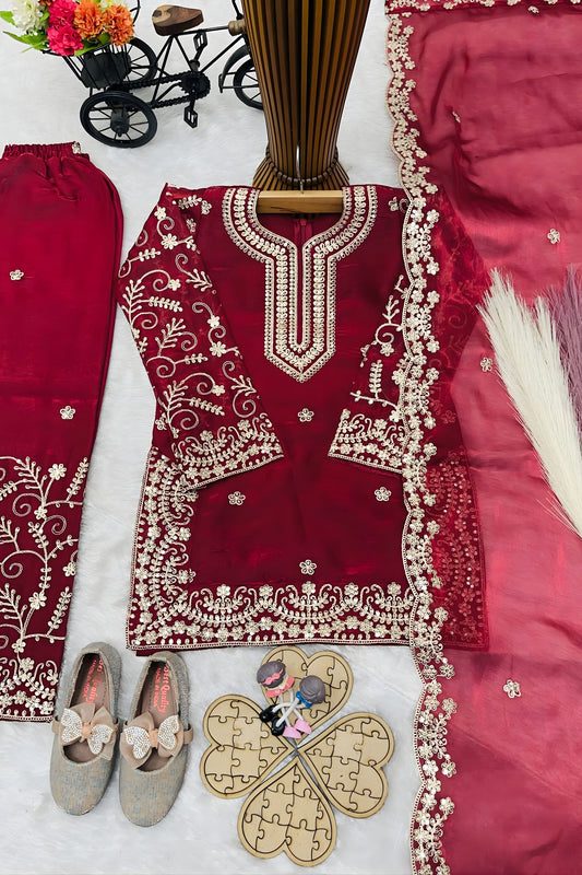 Lovely Wine GMY Silk Embroidered Pakistani Style Palazzo Suit Set for Girls