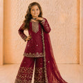 Elegant Wine GMY Silk Embroidered Pakistani Style Palazzo Suit Set for Girls