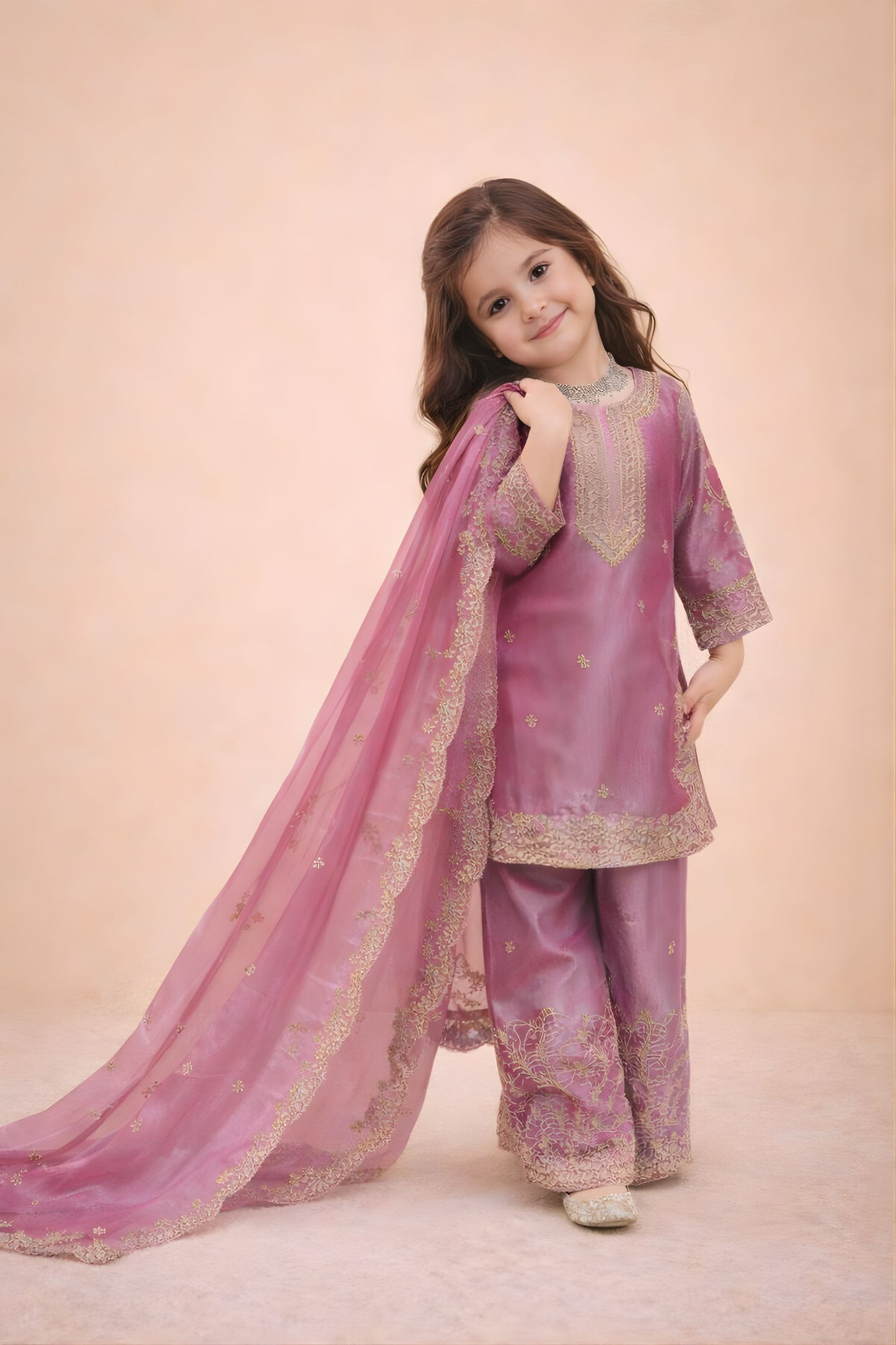 Beautifull Pink GMY Silk Embroidered Pakistani Style Palazzo Suit Set for Girls