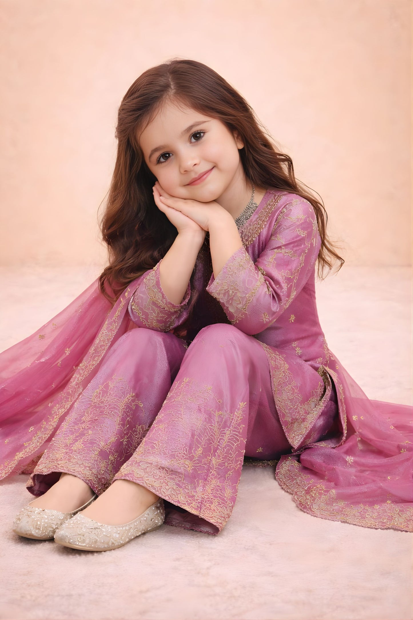 Beautifull Pink GMY Silk Embroidered Pakistani Style Palazzo Suit Set for Girls