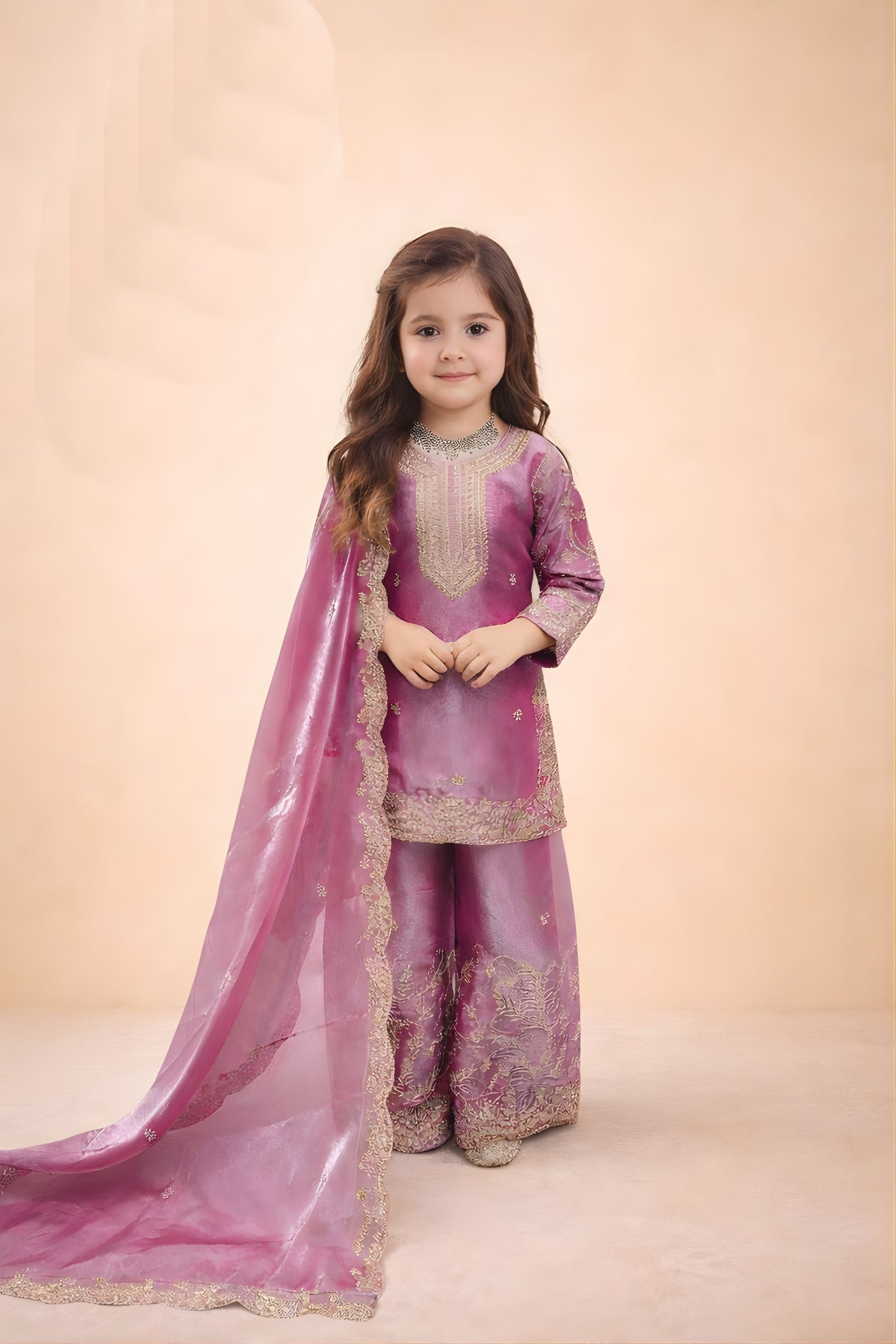 Beautiful Pink GMY Silk Embroidered Pakistani Style Palazzo Suit Set for Girls