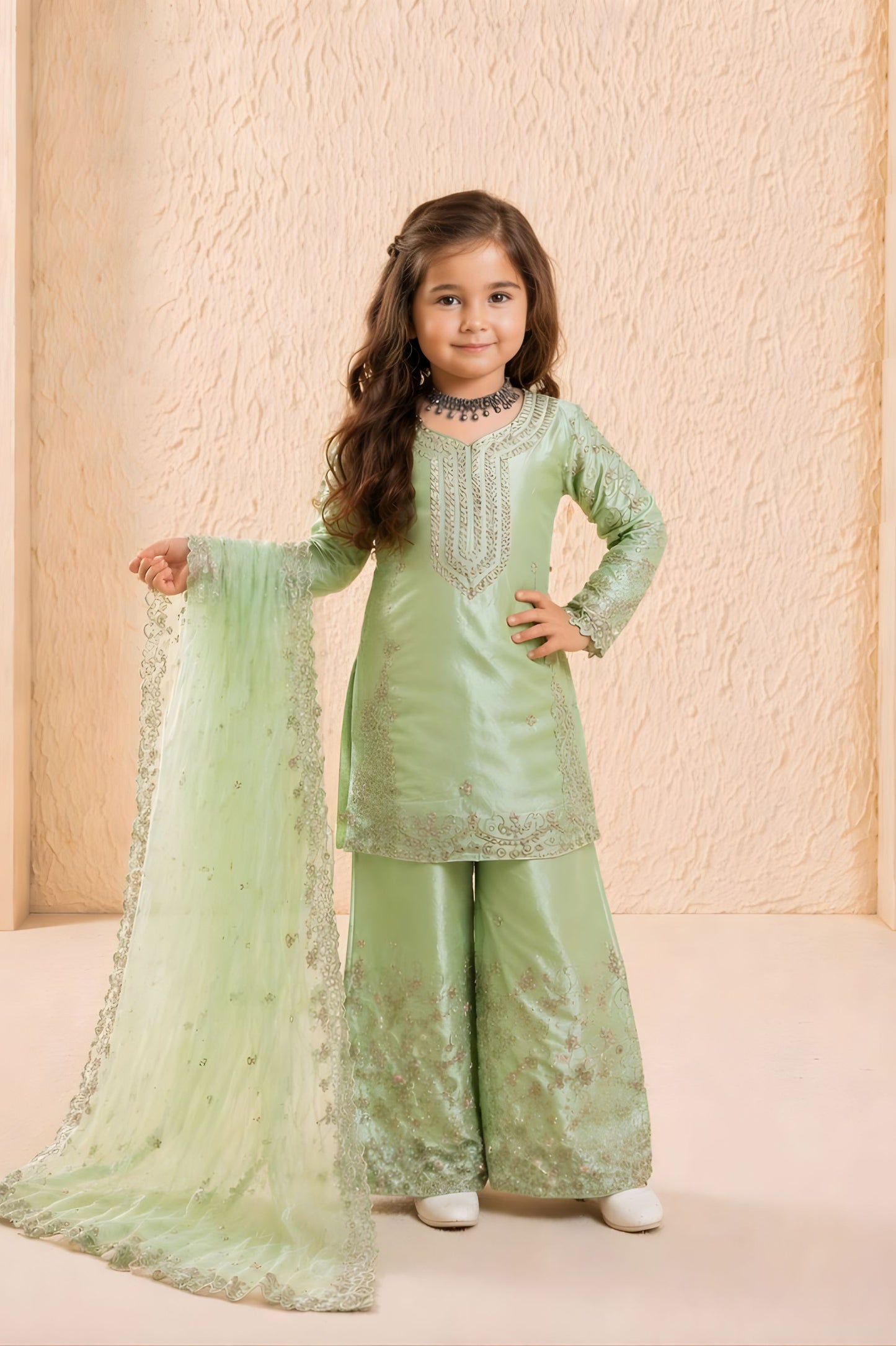 Wonderful Mint Green GMY Silk Embroidered Pakistani Style Palazzo Suit Set for Girls