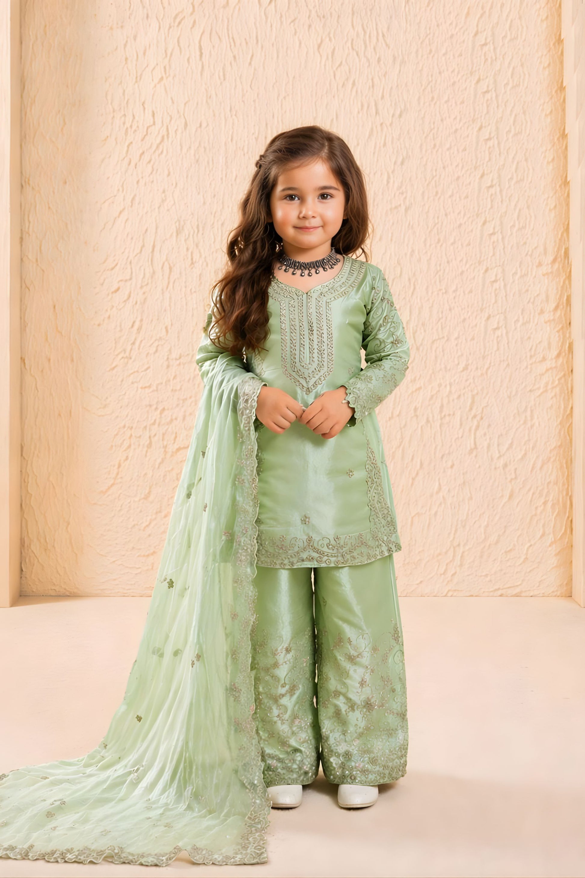 Elegant Mint Green GMY Silk Embroidered Pakistani Style Palazzo Suit Set for Girls