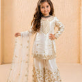 Royal Off White GMY Silk Embroidered Pakistani Style Palazzo Suit Set for Girls
