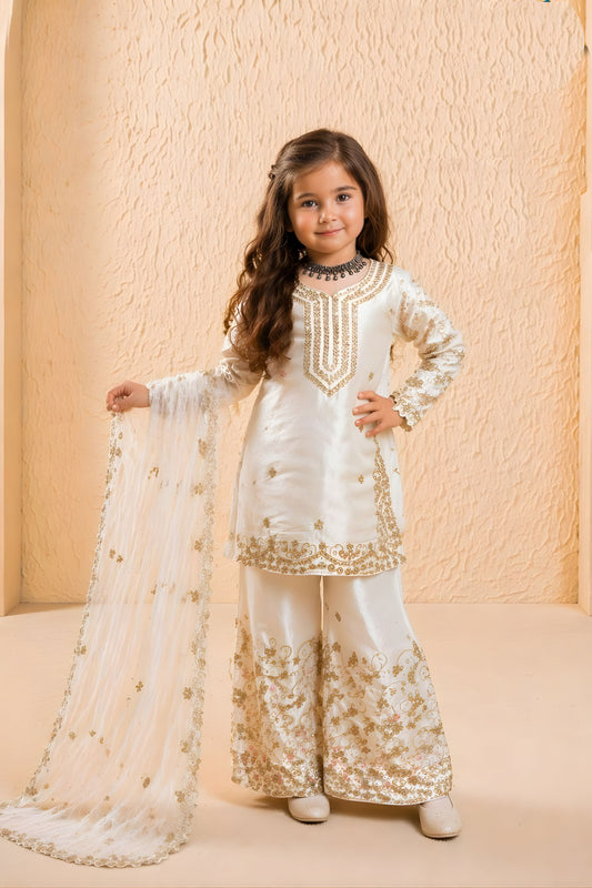 Royal Off White GMY Silk Embroidered Pakistani Style Palazzo Suit Set for Girls