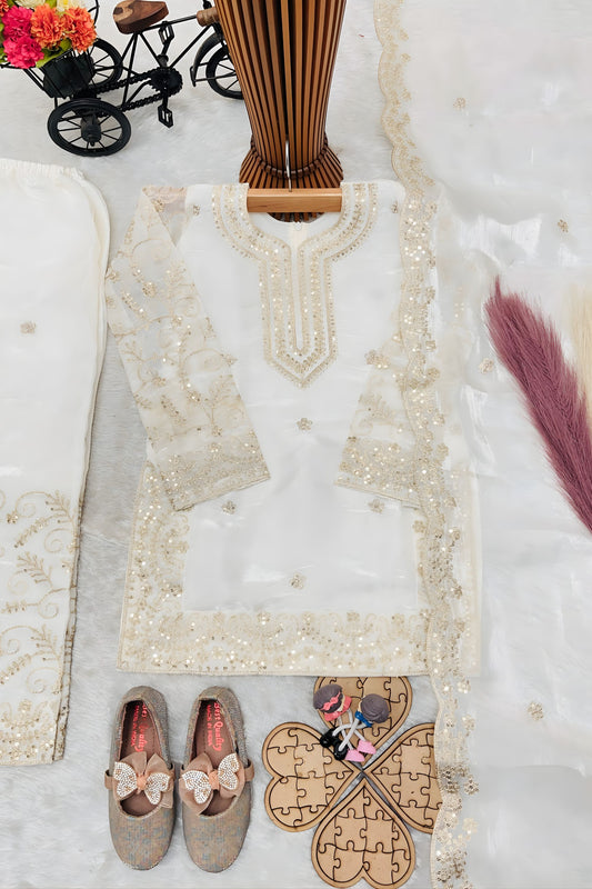 Royal Off White GMY Silk Embroidered Pakistani Style Palazzo Suit Set for Girls