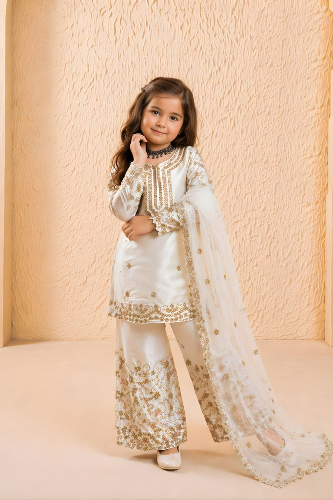 Elegant Off White GMY Silk Embroidered Pakistani Palazzo for Girls