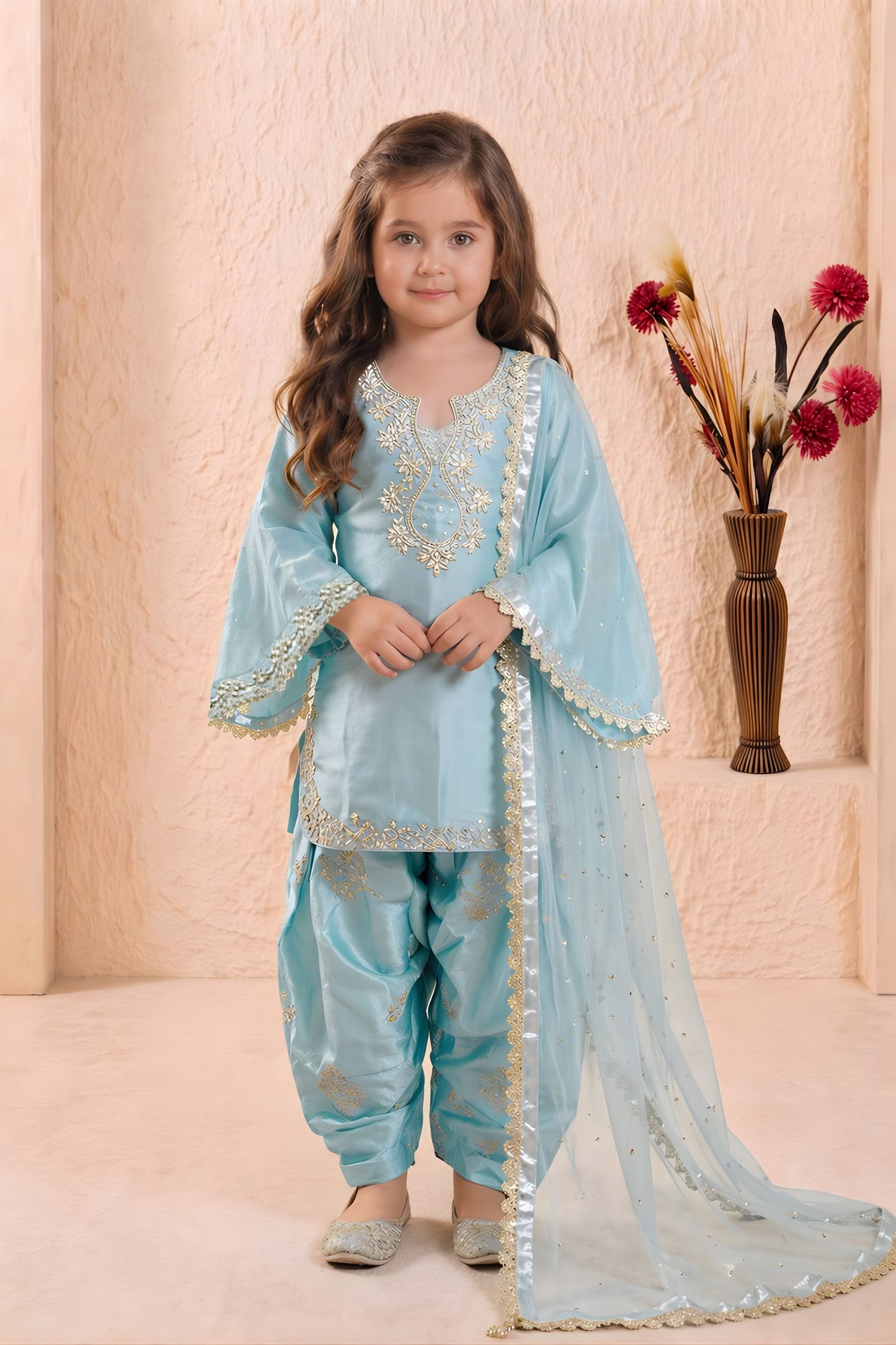 Premium Sky Blue GMY Silk Embroidered Pakistani Style Suit Set for Girls