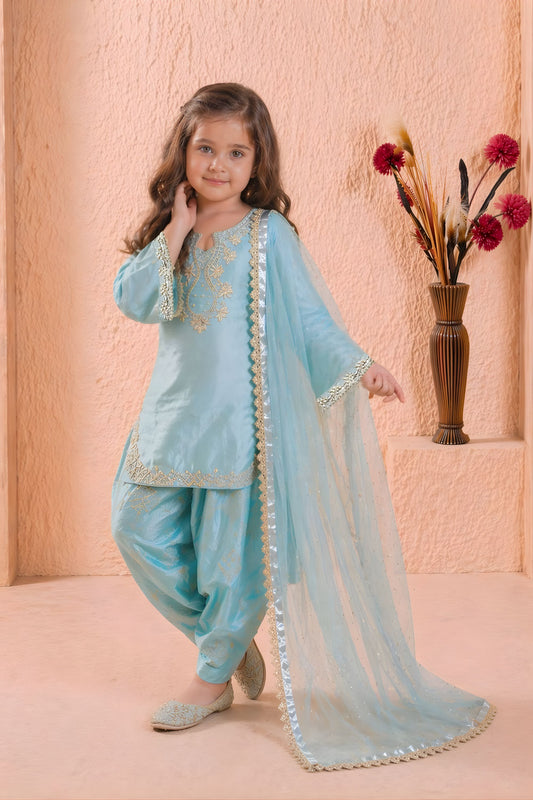 Premium Sky Blue GMY Silk Embroidered Pakistani Style Suit Set for Girls