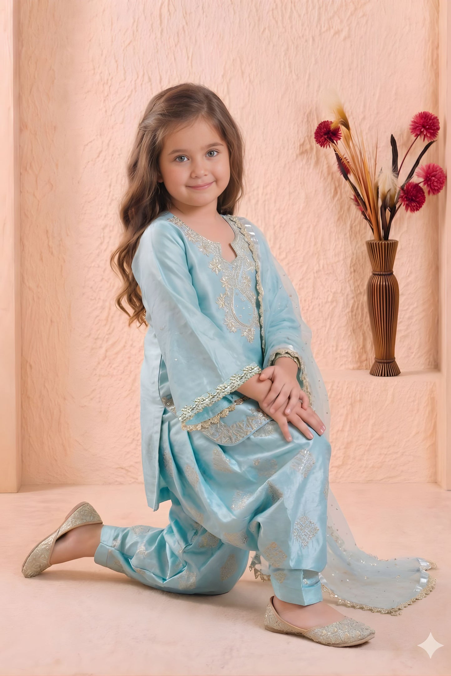 Premium Sky Blue GMY Silk Embroidered Pakistani Style Suit Set for Girls
