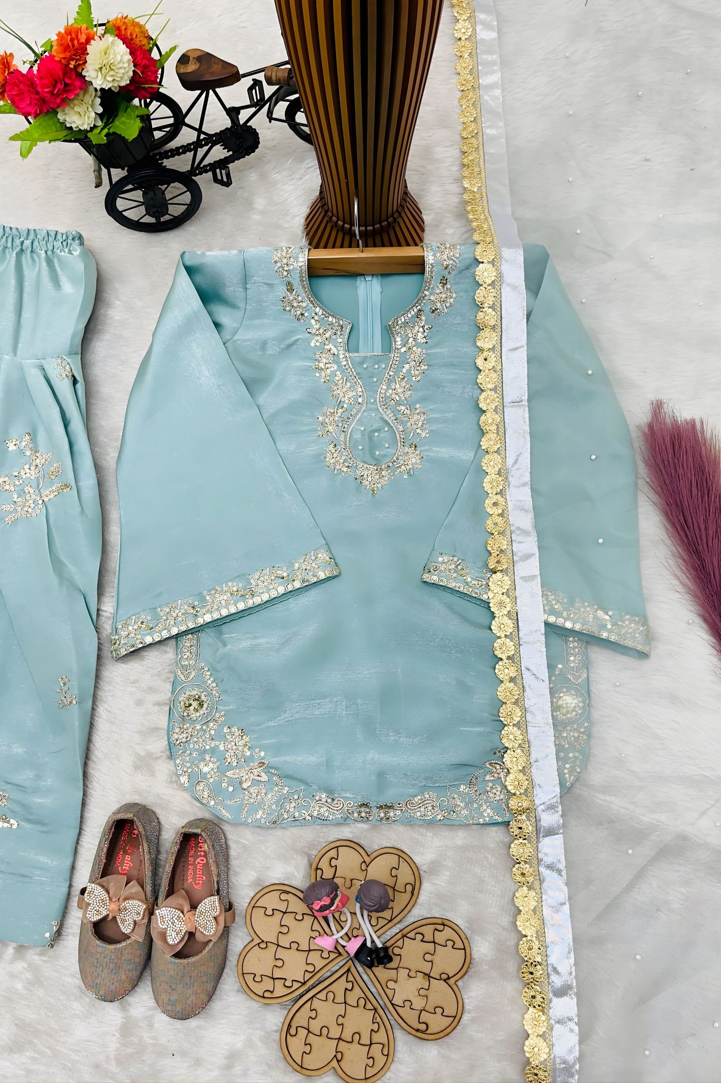 Premium Sky Blue GMY Silk Embroidered Pakistani Style Suit Set for Girls